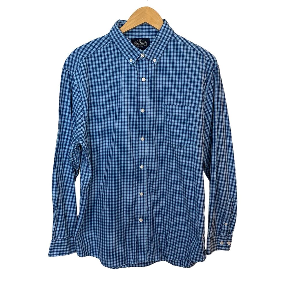 Nat‎ Nast Mens Gingham Blue Check Shirt Size XL 100% Cotton Button Down Pocket